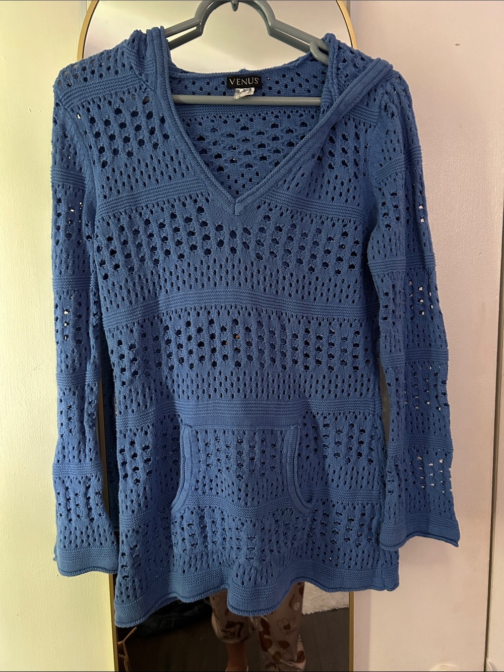 VENUS Blue Crochet V-Neck Hooded Sweater